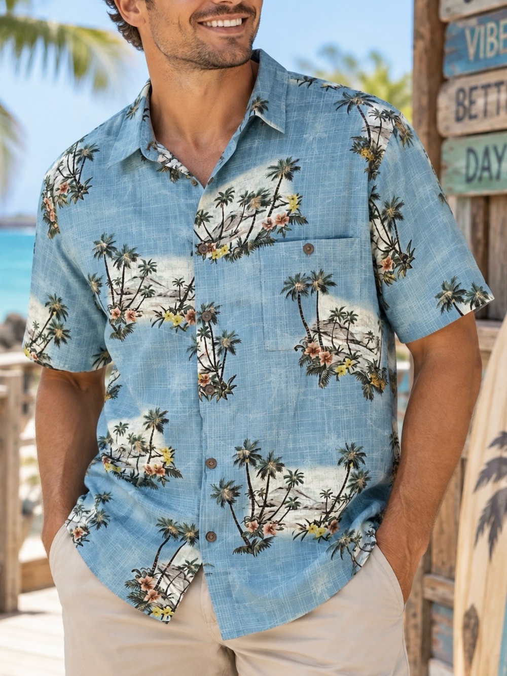Moda Campia Men’s XL Blue Hawaiian Shirt Palm Tree Tropical Rayon Button Up
